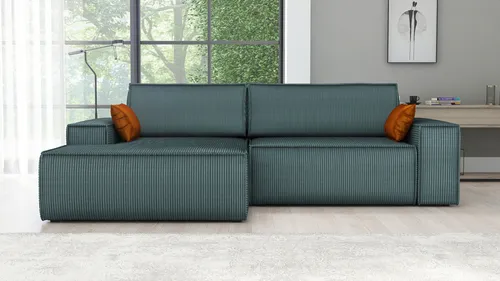 Ecksofa TOR mit Schlaffunktion in Azurblau - Das Ecksofa TOR vereint modernes Design mit Funktionalität. Mit hochwertigem Cord und einer praktischen Schlaffunktion bietet es außergewöhnlichen Komfort und zusätzlichen Stauraum für Bettzeug.