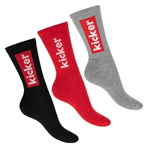 kicker Damen & Herren Crew Socks (3 Paar) Schwarz Rot Grau 39-42