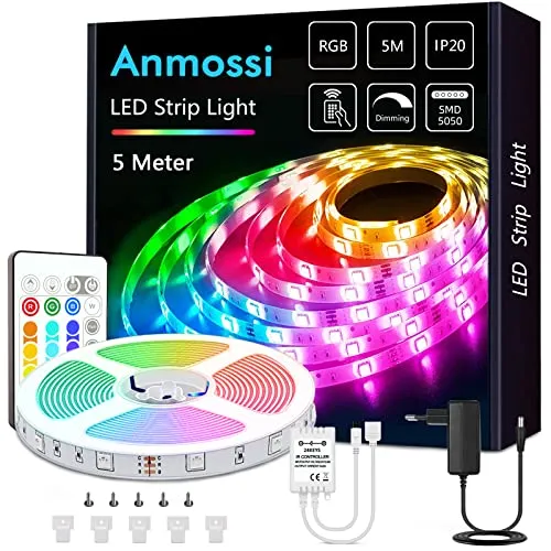 Anmossi LED Strip 5m,RGB LED Streifen mit Fernbedienung,AC220V-240V Dreamcolor LED Lichtleiste,SMD 5050 LED Lichtband,für die Beleuchtung von Haus,Decke,Party, Küche