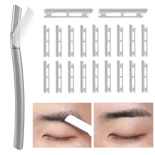 Augenbrauenrasierer mit 21 Stück Rasierklingen, Gesichtshaarentferner für Frauen Augenbrauen Rasierer, Wiederverwendbare Gesichtsrasierer Trimmer für Damen, Silber