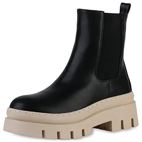 VAN HILL Damen Plateau Boots Freizeit Stiefeletten Blockabsatz Schuhe Profilsohle Stiefel Plateauschuhe Booties 208664 Schwarz Beige 39