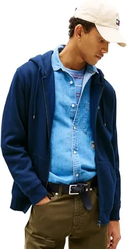 Tommy Jeans Herren Hoodie mit Reißverschluss Flag Zip Thru, Blau (Dark Night Navy) - Kapuzenpullover für Herren, ikonisches Design mit hohem Tragekomfort, ideal für Alltag und Sport. Aus weichem Material und klassischem Schnitt gefertigt.