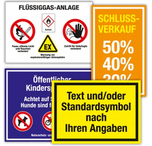 Dreifke Hinweisschild mit Text, Symbol und/oder Logo nach Angabe, Folie, bis 250x150 mm, Aufkleber (Folie)
