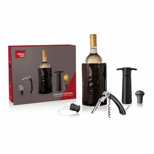 Set Wein Original 5 Stück - Barzubehör für Weinliebhaber - 5-teiliges Set mit zweistufigem Korkenzieher, aktivem Weinkühler, Ausgießstopfen und Vakuumpumpe. Perfekt für unvergessliche Weinabende.
