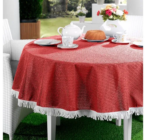 EMHELLE Gartentischdecke Rund 130 cm Rot mit Rutschhemmender Oberfläche - Hochwertige Gartentischdecke für Innen und Außen, wind- und wetterfest. Mit rutschhemmender Oberfläche und stilvollen weißen Fransen – ideal für gemütliche Tischdekorationen. Pflegeleicht und in verschiedenen Farben erhältlich.