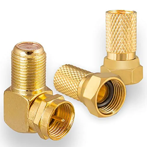 HB-DIGITAL Winkel-Adapter Set für SAT Anlagen: 2x F-Stecker (Vergoldet) + 1X F-Winkel-Adapter [F-Stecker (SAT, männlich) auf F-Buchse (SAT, weiblich)] rechtwinklig Ecke Steckverbinder 90° Grad