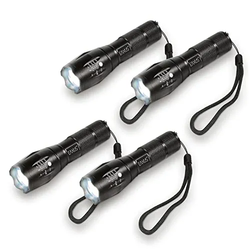 Eaxus® Taktische Taschenlampe LED 4er Set - Zoombar für Notfälle - Taschenlampen Set mit 800-1000 Lumen und bis zu 500m Reichweite. Fokussierbares Licht, 5 Modi, SOS-Funktion. Ideal für Notfälle, Camping und Selbstverteidigung.