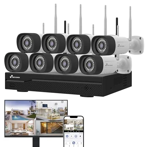 NIVIAN WLAN-Kamera-Set, Überwachungskamera Set, KI-Personenerkennung, Zwei-Wege-Audio, Nachtsicht, EseeCloud-App, HDMI-Ausgang für TV/Monitor (16 Kanäle - 8 Kameras, CCTV-Set)