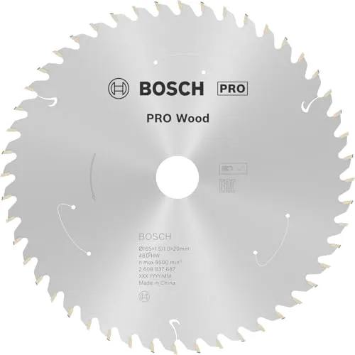 Bosch Kreissägeblatt PRO Wood 165mm, 48 Zähne - Tischkreissägeblätter für Holz, mit hochwertigen Carbide-Zähnen für einen sehr feinen Schnitt und maximierte Akkulaufzeit bei Akkusägen.