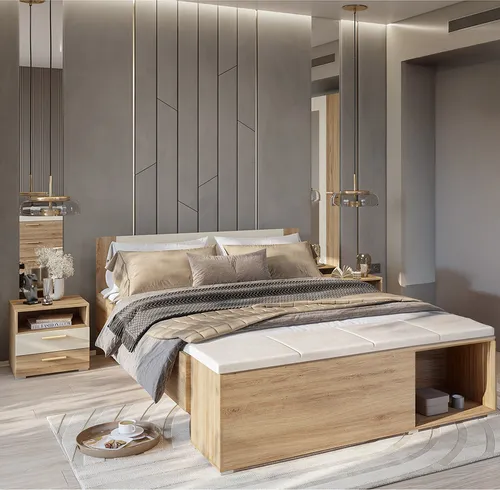 Schlafzimmer Set 4-teilig Eiche beige VARESE-83 inkl. Lattenrost 160x200 cm - Elegantes Schlafzimmer Set in Wildeiche-Nachbildung mit sandbeigen Akzenten. Inklusive klappbarem Lattenrost und praktischen Nachtkommoden. Gestalte deinen Rückzugsort stilvoll und einladend – jetzt entdecken!