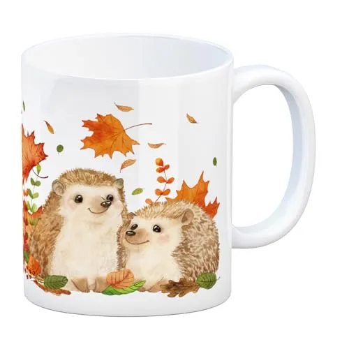 Igel im Herbst Kaffeebecher im Aquarell Stil eine bunte Tasse für die Arbeit mit Motiv Frauen Geburtstag Natur Kaffeetasse Zeichnung Waldtieren Becher Laub Spülmaschinenfest