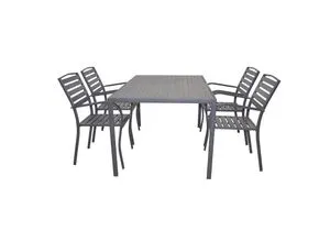 moebel-direkt-online Gartenlounge-Set 5tlg. Sitzgruppe - Stilvolles 5tlg. Gartenmöbel-Set mit 4 Armlehnstühlen und einem großen Tisch (150x90 cm). Robuste Metallstruktur, elegantes Design in Holzoptik. Die Stühle sind stapelbar und bieten hohen Komfort.