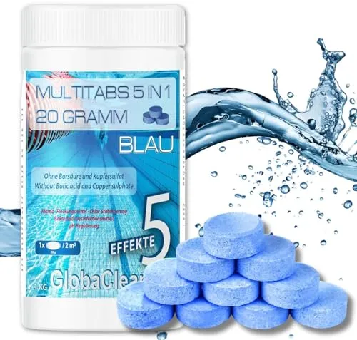 GlobaClean Multitabs 5 in 1 20g - 1kg Blau - Chlortabletten für Pool mit 5-Phasen zur Pflege, Reinigung & Desinfektion - Mini Chlortabletten für Pool - für kristallklares und hygienisches Poolwasser