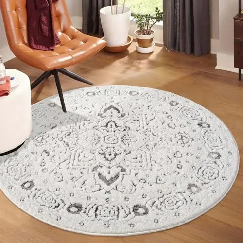 carpet city Kurzflor Teppich Grau, Creme - 160 cm Rund - Teppich für Wohnzimmer mit 3D-Hochtief-Muster, strapazierfähig und pflegeleicht – perfekt als stilvolles Wohnaccessoire!