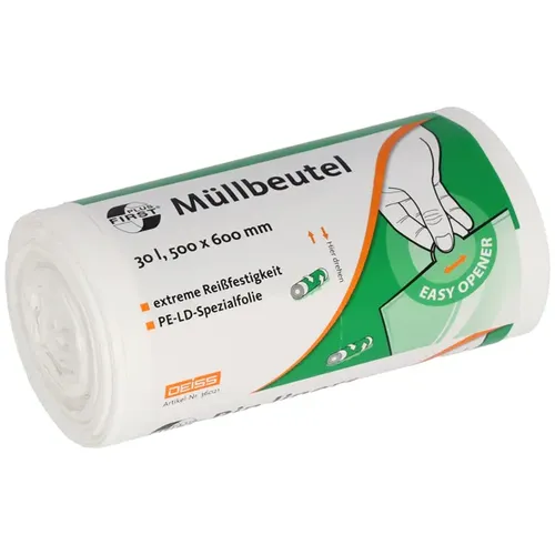 Müllbeutel Deiss First Plus 30 L 50 Stück/Rolle weiss LDPE Material, 500 x 600 mm 36021