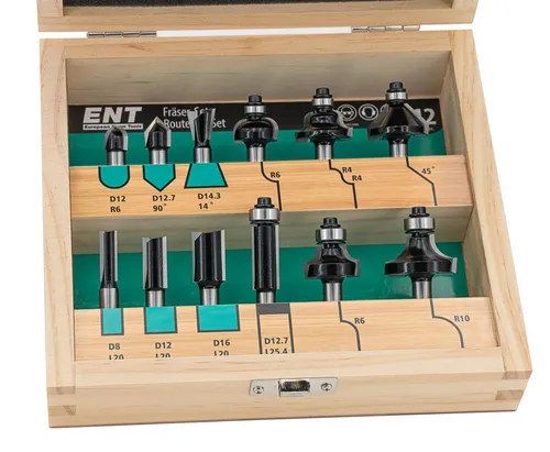 ENT 09012HKB 12-tlg. Fräser Set - Einsätze zur Kantenbearbeitung & Aushöhlung - Hochwertiges Fräser-Set mit 12 verschiedenen Fräsern für präzise Holzverarbeitung, inklusive Anti-Haft-Beschichtung für weniger Verharzung.