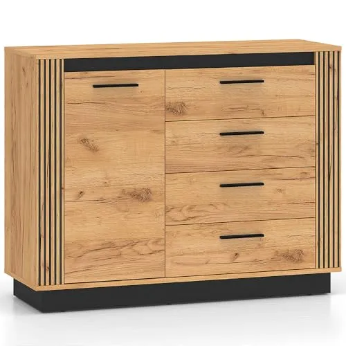 Moderne Kommode 115 cm in Eiche und Schwarz - Kommode & Sideboard mit 1 Tür und 4 Schubladen, pflegeleicht und langlebig. Die stilvolle Farbkombination aus Eiche und Schwarz verleiht jedem Raum Eleganz und Flexibilität.