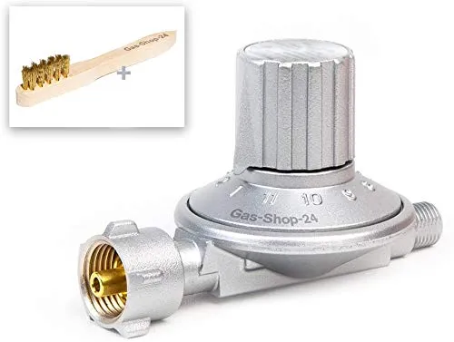 Druckminderer 50-200 mbar mit Messing Reinigungsbürste - Campingkocher Zubehör: stufenlos regelbarer Druckminderer für optimale Gasregulierung und inklusive Reinigungsbürste für eine einfache Pflege Ihrer Gasgeräte.