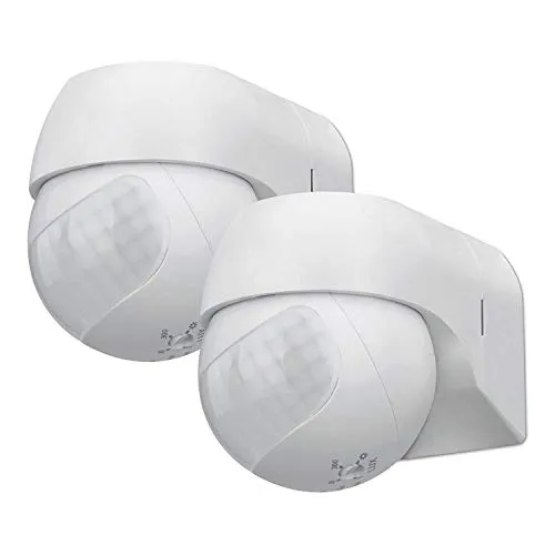 conecto Infrarot Bewegungsmelder innen+außen Aufputz Wand LED 180° schwenkbar neigbar IP44 Dämmerungssensor (2er Set), weiß