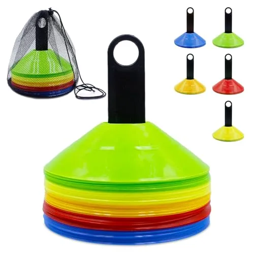 Druuzyl 50 Stück Markierungshütchen mit Ständer & Netztasche - 5 Farben Sportkegel Set für Fußball, Hockey, Eislauf & Handballtraining (Ideal für Koordinationsübungen, Agilitätstraining & Kinder-Sport