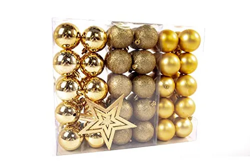 Lifestyle & More Weihnachtskugeln Christbaumkugeln Set 61 teilig mit nur Großen Kugeln Ø 6 cm Gold inklusive Sternspitze und passenden Anhängern