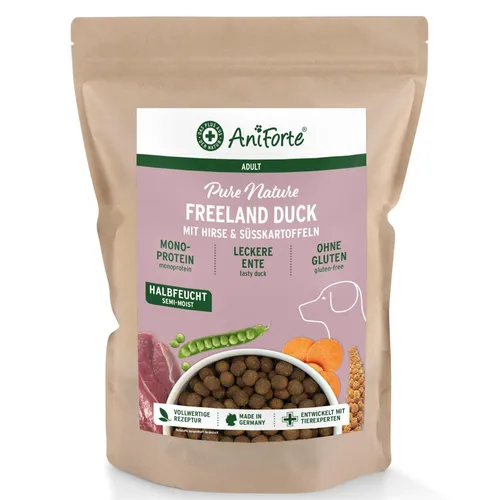 AniForte Ente Trockenfutter für Hunde 2kg – Leckere Ente mit Hirse, Süßkartoffel & Kräuter, Halbfeuchtes Trockenfutter glutenfrei, Hundefutter trocken