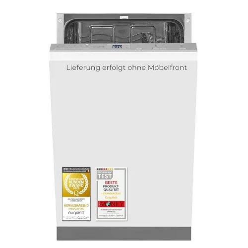 Exquisit Geschirrspüler 9 Maßgedecke, 6 Programme, 45 cm - Kompakter Geschirrspüler mit 6 Programmen und intensiver Reinigung für strahlendes Geschirr. Eco-Modus für geringen Wasser- und Energieverbrauch. Höhenverstellbare Körbe und leiser Betrieb mit 47 dB sorgen für flexiblen Einsatz.