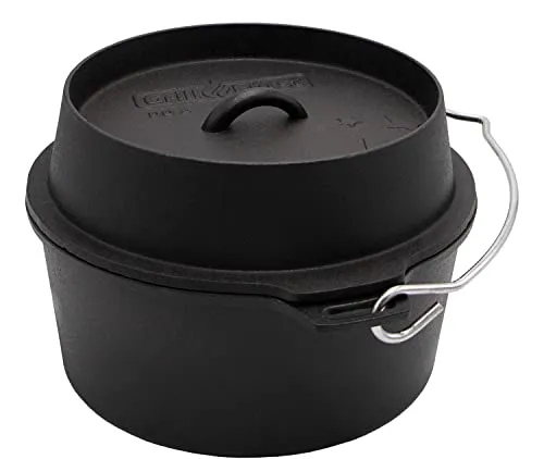Grillfürst Dutch Oven ca. 6 Liter - stabil stehender Feuertopf mit flachem Boden ohne Füße, hitzebeständiger Gusseisen Topf, Deckel als Pfanne nutzbar, rund, DO 6