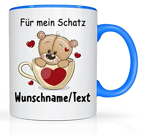 Print-Klex Tasse mit Namen und Für mein Schatz Motiv Bedruckt Namentasse Namensbecher Für mein Schatz Geschenktasse Weiß/Blau Kaffeebecher Spruchtasse Keramik mit Druck 330ml Tasse mit Text