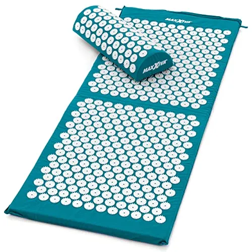 MAXXIVA® Akupressur-Set Matte 130 x 50 cm mit Kissen Yantramatte Fakirmatte stimuliert die Durchblutung löst Verspannungen Farbe wählbar (Petrol)
