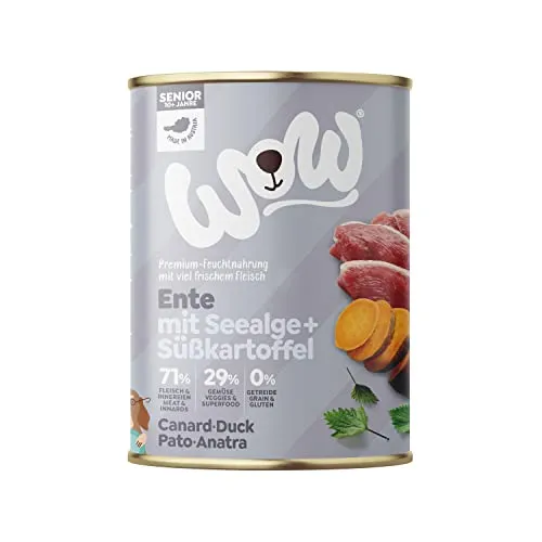 Wow Hundefutter nass Senioren mit Ente, 6x400g | reichhaltiges Nassfutter für ältere Hunde Aller Rassen I Beste Qualität mit viel Fleisch, Seealge & Süßkartoffel I getreidefrei & hohe Verträglichkeit