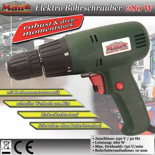 Mauk Elektro Bohrschrauber 280 W - Bohrmaschinen für Heimwerker, leistungsstark mit 280 W, ideal für Haushalt und Baustelle, kein Akku-Ausfall dank Elektroanschluss, mit Drehmomentautomatik und Drehzahlregulierung.