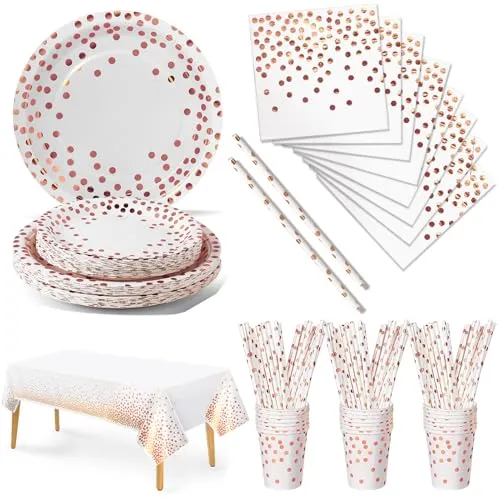 Nkaiso Partygeschirr Kindergeburtstag, 126 Stück Rotgold Pappteller Kindergeburtstag Mädchen Party Set mit Partyteller, Pappbecher, Servietten und Strohhalme für 25 Gäste