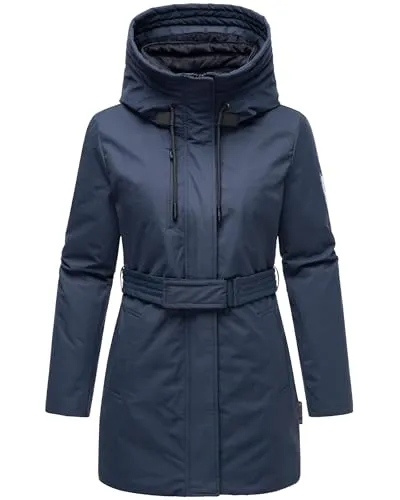 Navahoo Damen Parka Eishauch 14 Navy XL - Funktionsjacken mit Taillengürtel und abnehmbarem Fleece-Kragen, ideal für kalte Tage und stilvolle Outfits. Schützt zuverlässig vor Wind und Wetter.