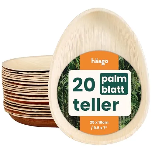 HAAGO Palmblatt Teller, Servierplatten Einweg Palmblatt Geschirr - Biologisch abbaubare Einwegteller, Holzteller Einweg, Einweg Servierplatte - (20, 25cm / 10“ Teardrop)