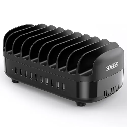 NTONPOWER Tablet Ladestation 10 Port Multi USB Ladestation 120W mit Automatischer leiser Kühlkörper, für Handys Smartphones Tablets, Schwarz