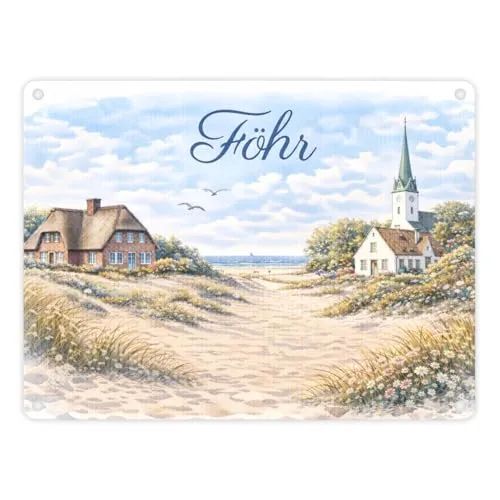 Produktbild Küstenlandschaft Föhr Souvenir Metallschild in 15x20 cm mit Kirche Maritime Dekoration