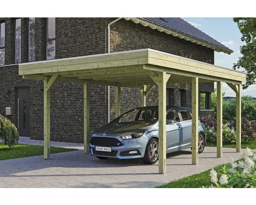 Skan Holz Carport Friesland 397 cm x 555 cm - Stabiler Einzelcarport aus imprägniertem Holz mit 8 robusten Pfosten, idealer Schutz für Ihr Fahrzeug und hohe Witterungsbeständigkeit durch langlebige Dachkonstruktion.