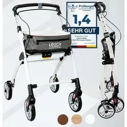 Lösch Reha Rollator Casa schmal für Wohnung & Innenbereich Weiß - Indoor-Rollator mit nur 5,2 kg, faltbar und ideal für schmale Flure. Mit abnehmbarem Tablett und Korbtasche – praktischer Helfer für mehr Unabhängigkeit zu Hause.