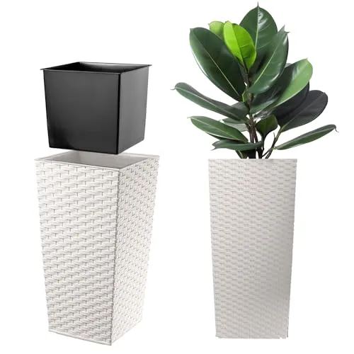 KADAX Pflanzkübel mit Innentopf, Höhe 57cm, Weiß Rattan – Wetterfester Blumentopf für Innen & Außen, ideal für Garten, Balkon & Terrasse, zum Bepflanzen, Dekorieren und als stilvoller Übertopf