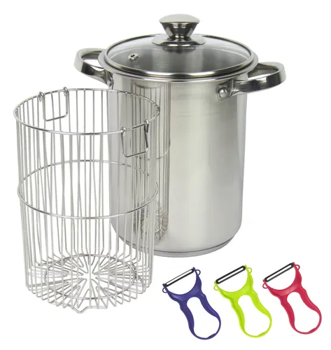 Edelstahl Spargeltopf 3,9l mit Siebeinsatz - Kochtöpfe mit doppeltem Griff, ideal für die Zubereitung von frischem Spargel, inklusive gratis Spargelschäler für müheloses Schälen.