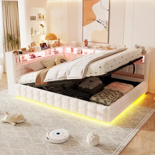 okwish Polsterbett 140×200 mit LED und Stauraum