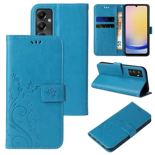 LBH Handy Hülle für Samsung Galaxy A25 5G Case Handytasche Schmetterling Blumen Flower Standfunktion Schutzhülle Magnet Rundum Schutz 360 Grad Flipcase Cover Blau