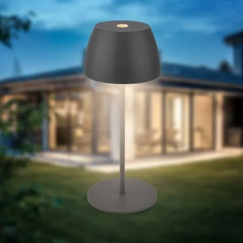 B.K.Licht - Mini LED Tischlampe kabellos IP44 mit Touch, stufenlos dimmbar, Akku & Lichtquelle tauschbar, Nachttischlampe, Dekolampe, LED Lampe, Akku Tischleuchte, Outdoor, 8x20 cm (DxH), Anthrazit