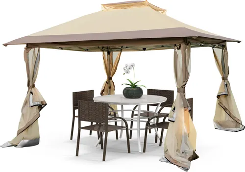 GOPLUS Gartenpavillon 3,6×3,6m – Wasserdicht & Höhenverstellbar - Robuster Gartenpavillon mit Doppeldach für optimale Luftzirkulation. Einfacher Aufbau, wasserabweisendes Oxford-Gewebe und praktisches Moskitonetz machen ihn ideal für Gartenpartys und Outdoor-Aktivitäten.