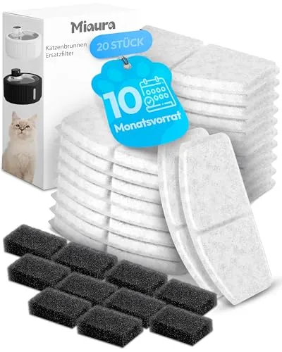 Miaura® 20er Pack Filter für Katzenbrunnen - Hochwertige Ersatzfilter für optimales Trinkwasser - Die Miaura Ersatzfilter bieten eine exakte Passform und einfache Handhabung. Ideal für Katzenbrunnen, sorgen sie für konstant hohe Wasserqualität und eine hygienische Wasserquelle. 10 Monate Vorrat für sorgenfreies Trinken!