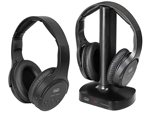 Trevi Frs1580 Headset One Size - Schwarz - Kabelloses TV-Headset mit 30m Reichweite, ideal für gleichzeitiges Hören von zwei Personen. Bequemer, verstellbarer Kopfbügel und wiederaufladbare Batterien sorgen für langanhaltenden Komfort.