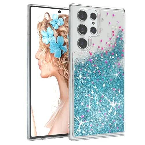 EAZY CASE Hülle kompatibel mit Samsung Galaxy S22 Ultra Schutzhülle mit Flüssig-Glitzer, Handyhülle, Schutzhülle, Back Cover mit Glitter Flüssigkeit, TPU/Silikon, Transparent/Durchsichtig, Blau