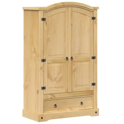 vidaXL Kleiderschrank aus massivem Kiefernholz 101x52x170 cm - Drehtürenschrank aus robustem Kiefernholz mit Kleiderstange, Ablage und Schublade für optimalen Stauraum und rustikales Design.