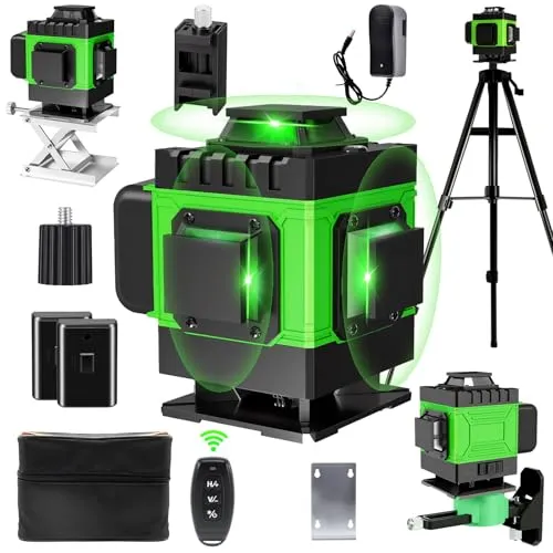 Kreuzlinienlaser mit Stativ, IP54 16 Linien 4 x 360 ° Laser Level Wasserwaage, Automatische Nivellierung, mit 1.25M Verlängerungsstangen-Stativ, Fernbedienung, 2 * 2400 Akkus, für Bau, Fliesenlegen